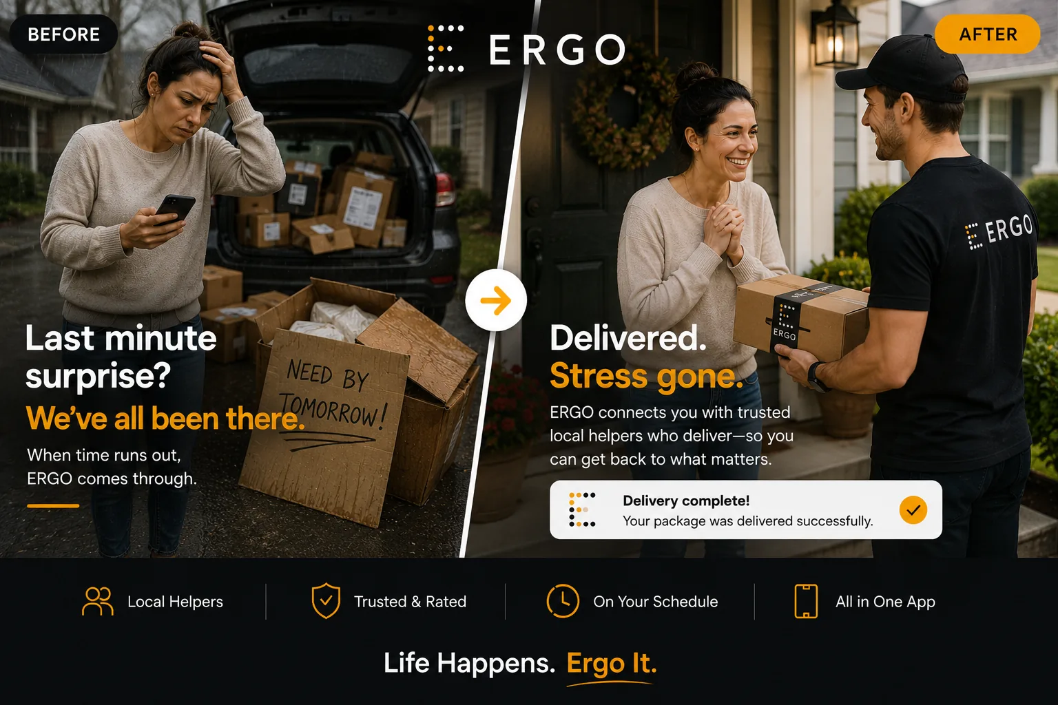ERGO worker delivering a last-minute package to a relieved homeowner.