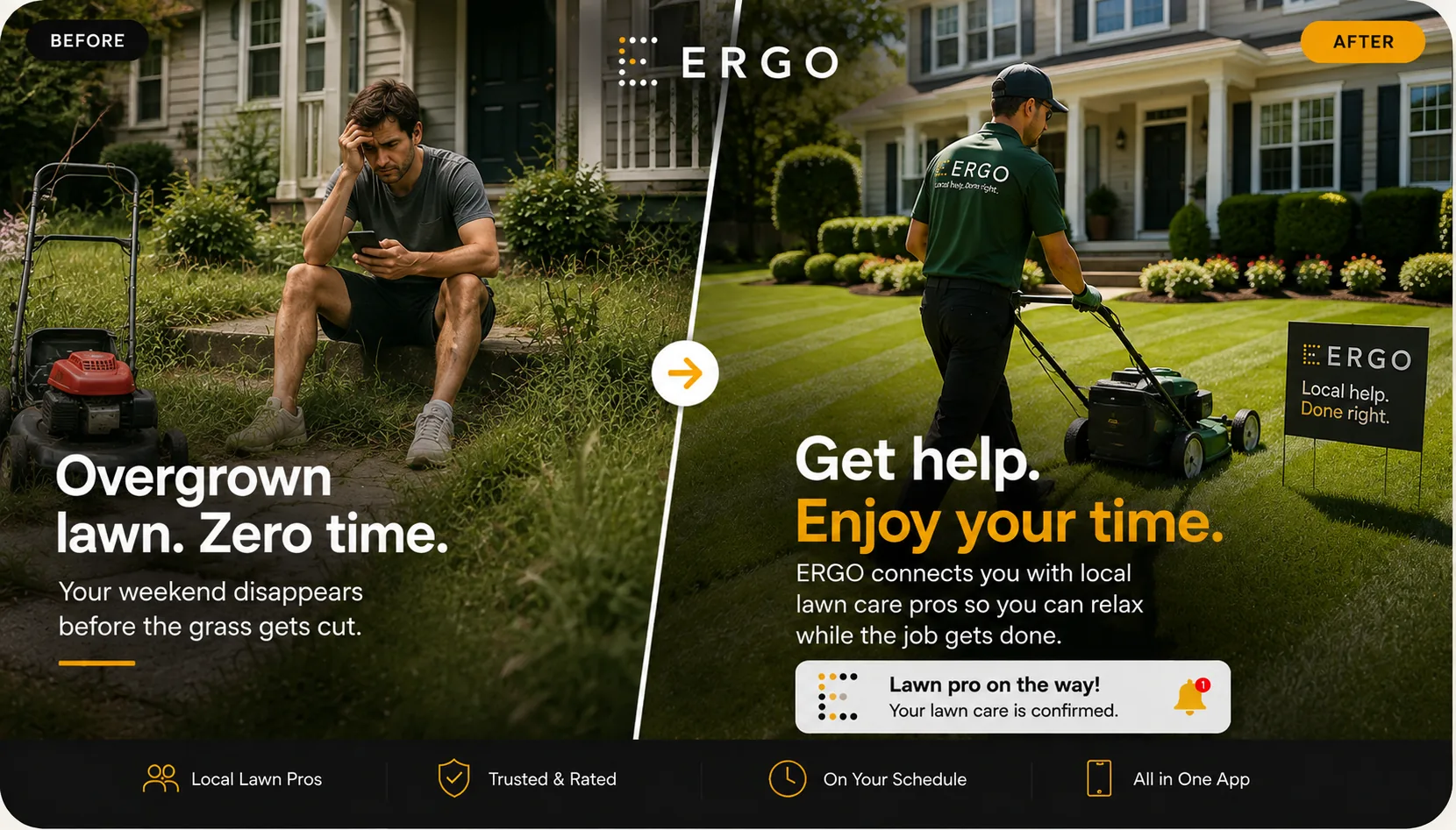 Before and after view of an overgrown lawn cleaned up by a local ERGO lawn care pro.